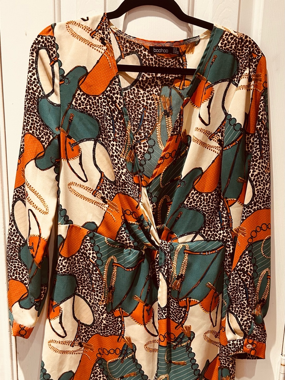 Boohoo Green, Orange & Cream Twist-Front Long Sleeve Dress